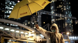 Umbrella Hong Kong Umbrella Movement Yellow Protestors Skyscraper Overalls Mask Glasses Bokeh Street 1500x1000 Wallpaper