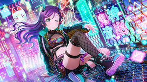 Toujou Nozomi Love Live One Eye Closed Neon Missing Stocking Aqua Eyes Purple Hair Anime Anime Girls 3600x1800 Wallpaper