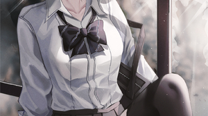 Fantasy Girl Anime Girls Black Hair By The Window Looking At Viewer White Shirt Necktie Black Skirts 1588x2639 Wallpaper