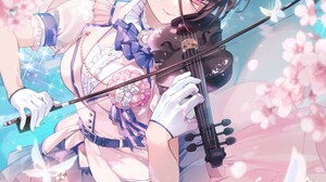Pixiv Anime Petals Flowers Cherry Blossom Musical Instrument Hat Violin Portrait Display Pink Dress  932x1319 Wallpaper