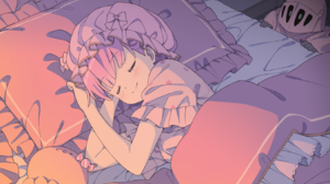 Anime Anime Girls Closed Eyes Smiling Lying Down Lying On Side Pillow Bed Sleeping Candy Pyjamas Bow 1351x955 Wallpaper
