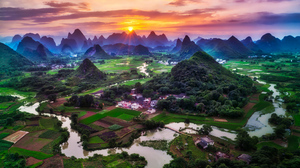 Photography Trey Ratcliff China Landscape Cityscape Mountains Field House Water River Guilin Nature 7680x4320 Wallpaper