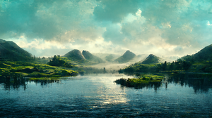 Lake Peaceful Water Blue Green Mountains Landscape Field Clouds Smog Mist Grass Hills 2048x1152 Wallpaper