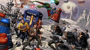 Star Trek Doctor Who Crossover Spock Amy Pond The Doctor Cybermen Daleks TARDiS USS Enterprise Space 1920x1080 Wallpaper