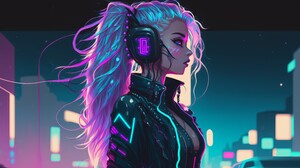 Ai Art Illustration Women City Cyberpunk Night Profile Ponytail Headphones Fantasy Art Fantasy Girl  4579x2616 Wallpaper