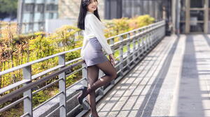 Asian Model Women Long Hair Dark Hair Depth Of Field Railing Bushes Leaning White Blouse Black Heels 1920x1245 Wallpaper