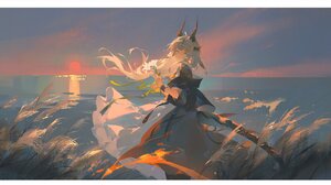 Anime Girls Horns Sunset Horizon Reed Arknights 2048x1076 Wallpaper