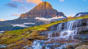 Nature Landscape USA Mountains Sky Waterfall Rocks Snow Sunset Glow Water Clouds 3840x2160 Wallpaper
