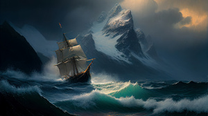 Storm Artwork Sea Ship Waves Coast Mountains Snow Winter Clouds Ai Art Water Boat 3840x2160 Wallpaper
