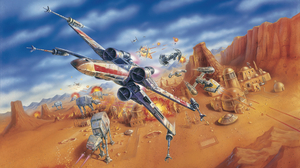 Star Wars Artwork Desert Tatooine X Wing Y Wing TiE Bomber TiE Fighter AT AT Battle Explosion Imperi 2560x1440 Wallpaper