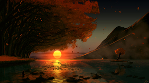 JoeyJazz Digital Painting Sunset Fallen Leaves Sun Water Petals 2560x1440 Wallpaper