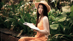 Yuan Yelang Women Asian Hat Brunette Long Hair Straight Hair Books Dress Orange Clothing Plants Look 2048x1366 Wallpaper