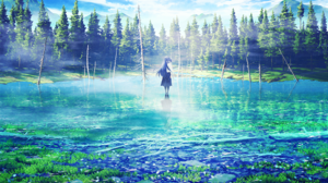 Anime Anime Girls Landscape Long Hair Blue Hair Trees Clear Sky Clouds Water Rocks Petals Mountains  1000x1427 Wallpaper
