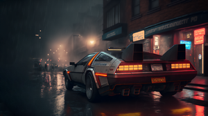 Science Fiction Ai Art Car Night Sports Car DeLorean Cyberpunk City Taillights Licence Plates City L 3641x2048 Wallpaper