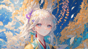 Ai Art White Hair Hanfu Anime Girls Kimono Leaves Feathers 1920x1080 Wallpaper