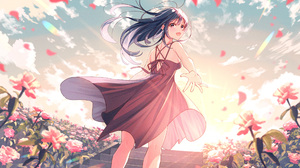 Anime Girls Dress Sun Flowers Smile Long Hair Windy Artwork Koh Rd Komizuki 2500x1582 Wallpaper