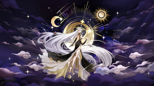 Anime Girls Long Hair White Hair Clouds Moon Sun Red Eyes 3840x2160 Wallpaper
