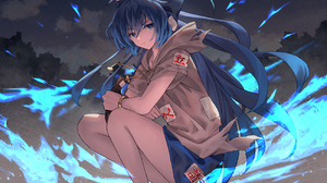 Anime Girls Blue Hair Blue Flames Long Hair Blue Eyes Clouds Sky Touhou Shion Yorigami 1300x858 Wallpaper