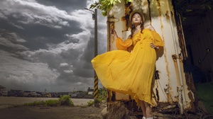 Asian Women Model Long Hair Brunette Yellow Dress Clouds Poles Container Bushes Straw Hat Shoes Lean 2400x1600 Wallpaper