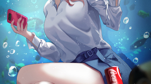 Anime Anime Girls Low Angle Legs Crossed Vertical Side Ponytail Waving Coca Cola Shaffelli 3000x4700 Wallpaper