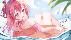 Anime Anime Girls Water Leaves Water Drops Blushing Looking At Viewer Redhead Clouds Purple Eyes Sky 4608x2592 Wallpaper