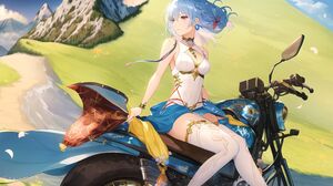 Anime Girls Artwork Anime Mia27000 Original Characters Motorcycle Ai Art Mountains Vehicle 3584x2048 wallpaper