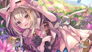 Anime Anime Girls Cats Butterfly Animals Flowers Cat Girl Cat Tail 3500x2440 wallpaper