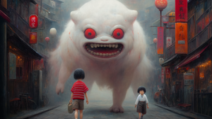 Studio Ghibli Creepy Chinatown Anime Creature 1344x896 Wallpaper