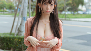 Ning Shioulin Women Model Asian Brunette Sweater Pink Tops Necklace 3858x5787 Wallpaper
