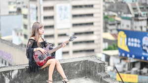 Asian Model Women Long Hair Dark Hair Sitting Guitar Rooftops 3280x2187 Wallpaper
