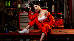 Women Model Asian Brunette White Tops Sneakers Nike Workshop Indoors Women Indoors 5098x3399 Wallpaper