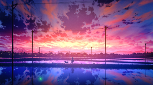 Anime Pixiv Reflection Sky Clouds Sunset Glow Water City Dog Animals 1416x1110 Wallpaper