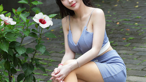Asian Model Women Long Hair Dark Hair Sitting Flowers Depth Of Field Sandals Heels Nylons Grey Skirt 2560x3840 Wallpaper
