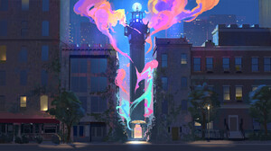 Digital Art Artwork Illustration Lighthouse City Building Night Fantasy Art Street Moon Lights Trees 3049x1650 Wallpaper