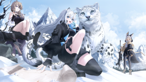 Anime Anime Girls Tiger Animals Snow Gloves Fingerless Gloves Mountains Sky Clouds Long Hair Animal  5000x2813 Wallpaper