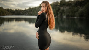 Jiri Tulach Women Redhead Long Hair Looking Back Dress Black Clothing Lake Water Model Women Outdoor 2048x1365 Wallpaper