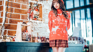 Asian Model Women Women Indoors Indoors Skirt Sweater Plaid Skirt Red Sweater Plaid Clothing Knees T 1363x2048 Wallpaper