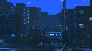 Blue Night Dusk Headlights Apartments Street Light Snowing Sidewalks Power Lines Trees City Train Br 3840x2160 wallpaper
