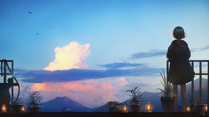 Anime Anime Girls Clouds Mountains Lantern Flowerpot Short Hair Sky Dress Fence Sunset Hose Birds 2616x1471 Wallpaper