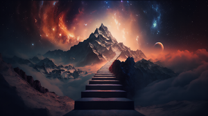 Ai Art Illustration Mountains Stairs Clouds Galaxy Stars 3136x1792 Wallpaper