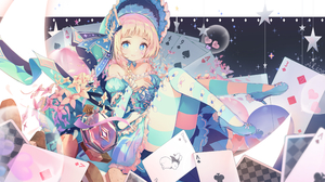 Anime Anime Girls Blonde Blue Eyes Looking At Viewer Cards Star Eyes Heels Flowers Stars Hat 3840x2160 Wallpaper