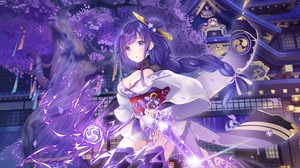 Raiden Shogun Genshin Impact Anime Girls Genshin Impact Game Characters Purple Hair Purple Eyes Purp 1500x844 Wallpaper