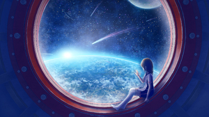 Anime Anime Girls Space Spaceship Earth Moon Window Stars 3600x2250 Wallpaper
