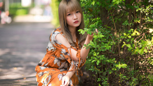 Asian Model Women Long Hair Brunette Flower Dress Depth Of Field Bushes 2560x1706 Wallpaper