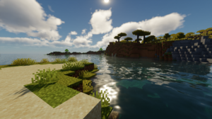 Minecraft Video Games Beach Water Afternoon CGi Sky Clouds Sun Cube Trees 1920x1080 wallpaper