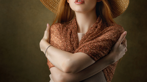 Sergey Anisimov Women Hat Redhead Freckles Makeup Blouse Denim Simple Background 2000x2500 Wallpaper