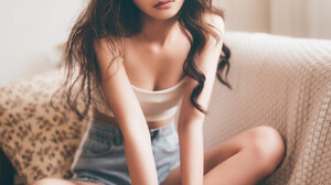 Asian Women Women Indoors Model Looking At Viewer Sitting Legs Crossed Magazines Long Hair Brunette  1366x2048 Wallpaper