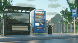 Vending Machine Bus Stop Blender Street Soda Digital Art Sky Clouds Trash Bin Trees Fence Bench 1920x1080 Wallpaper