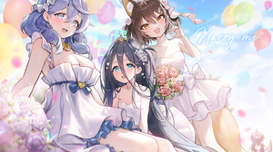 Anime Anime Girls Group Of Women Dress White Dress Flowers Balloon Looking At Viewer Sky Blue Archiv 1442x1052 Wallpaper