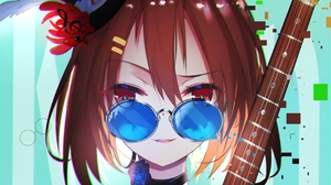 Women Artwork Anime Girls Sunglasses Musical Instrument Hat Redhead Red Eyes Tattoo 3200x3800 Wallpaper